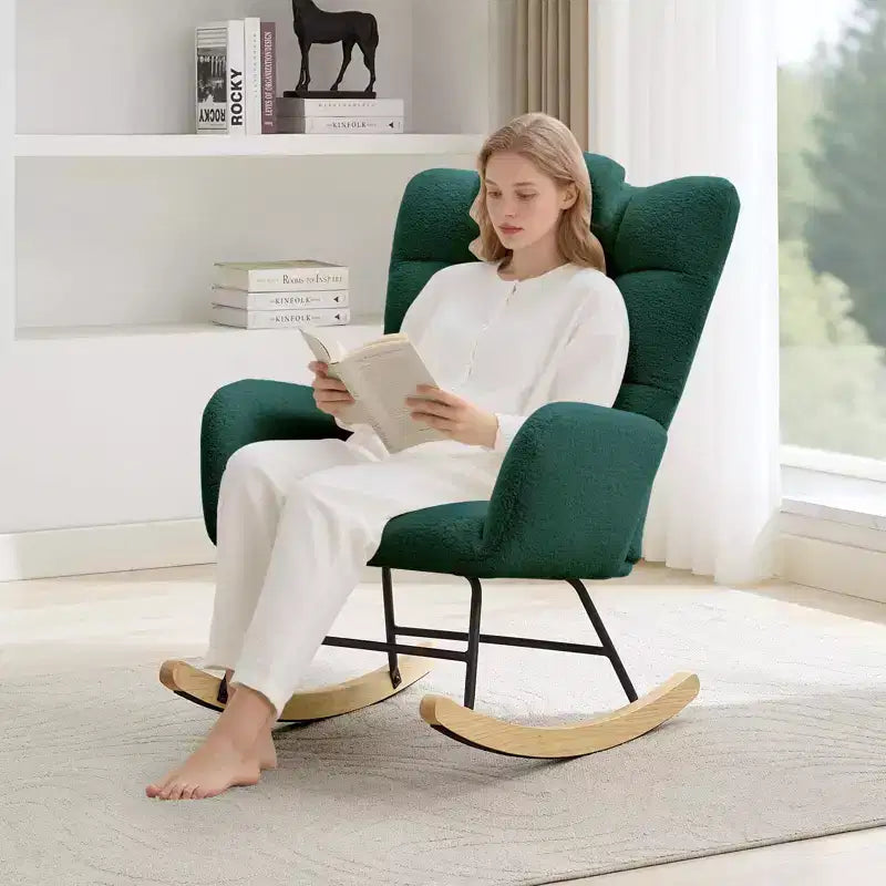 Fauteuil à bascule pour chambre d'enfant, fauteuil à bascule planeur en tissu teddy avec dossier haut, fauteuil de lecture pour chambre à coucher, salon, sans pouf.