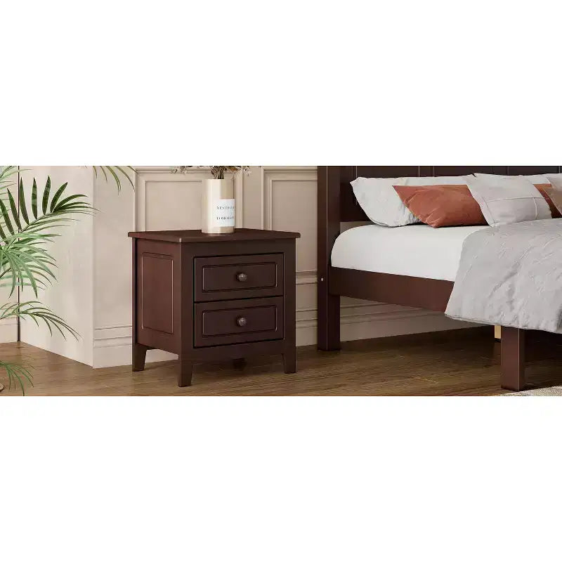 Table de chevet moderne du milieu du siècle avec LED/veilleuse, 2 tiroirs, en bois massif (WF308187AAD)