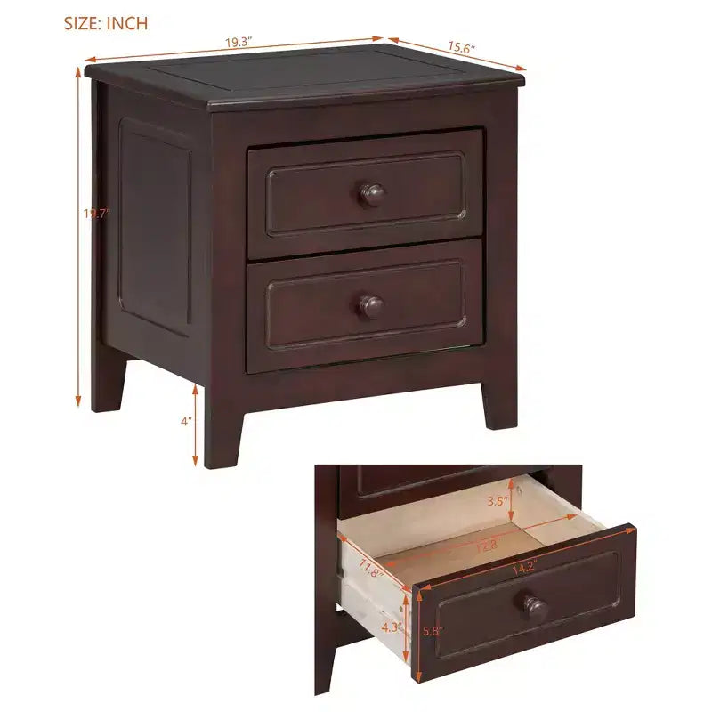 Table de chevet moderne du milieu du siècle avec LED/veilleuse, 2 tiroirs, en bois massif (WF308187AAD)