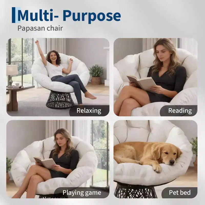 Fauteuil à bascule de patio surdimensionné, rotin tressé à la main, fauteuil en osier ergonomique, cadre en acier robuste, base pivotante à 360°