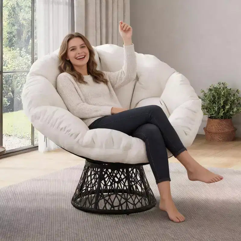 Fauteuil à bascule de patio surdimensionné, rotin tressé à la main, fauteuil en osier ergonomique, cadre en acier robuste, base pivotante à 360°