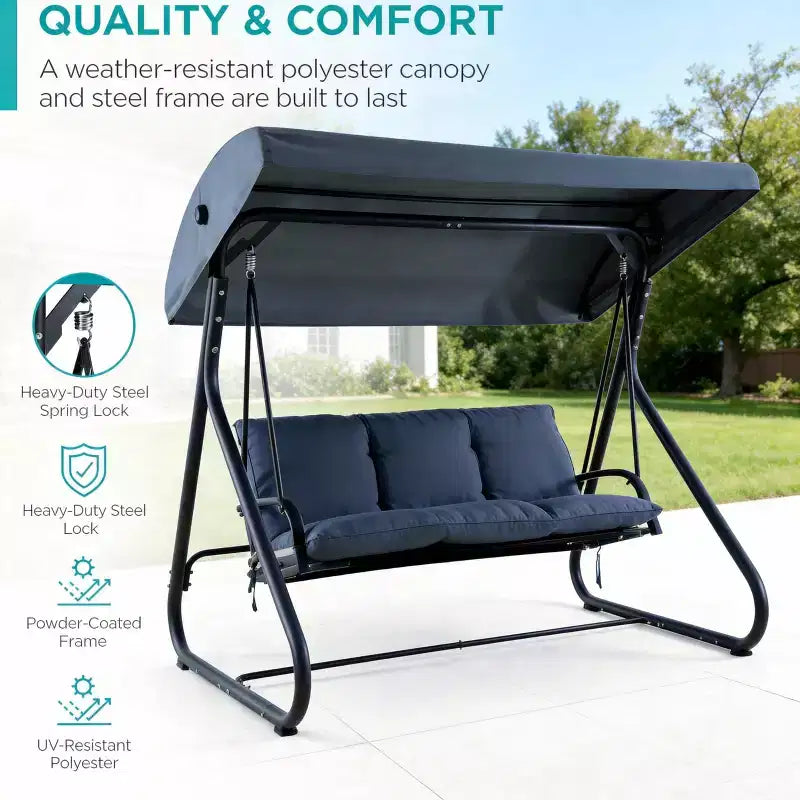 Balançoire-planeur de jardin convertible à 3 places, auvent réglable, coussins amovibles, capacité de charge de 340 kg, coussins amovibles, cadre métallique robuste