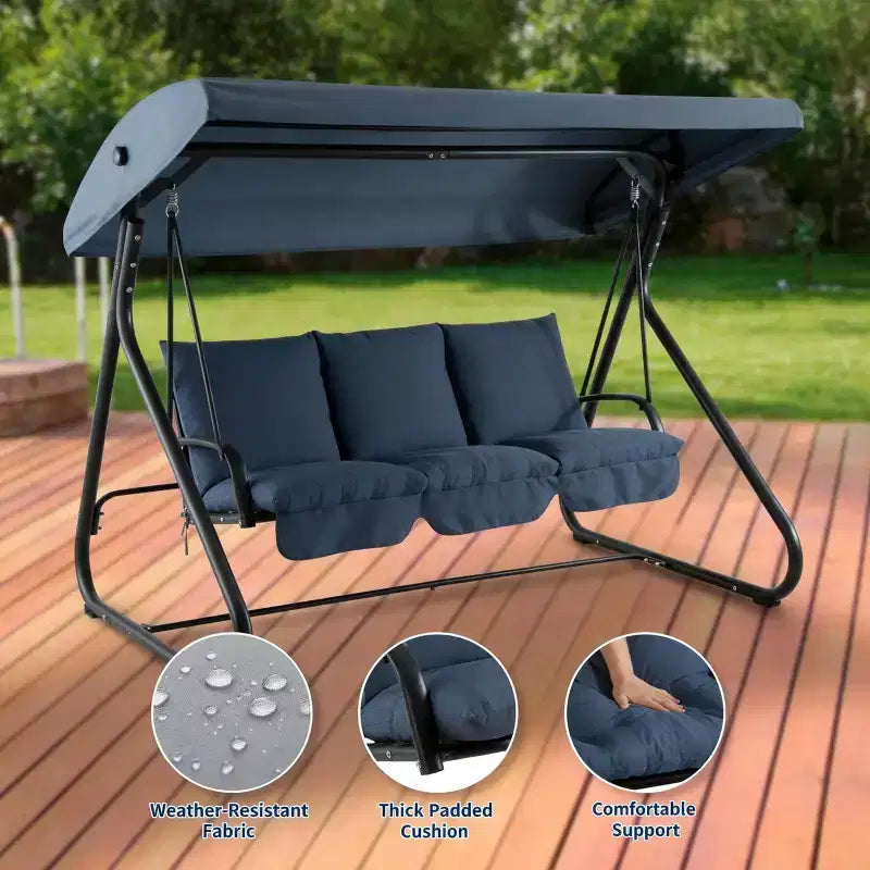 Balançoire-planeur de jardin convertible à 3 places, auvent réglable, coussins amovibles, capacité de charge de 340 kg, coussins amovibles, cadre métallique robuste