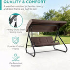 Balançoire-planeur de jardin convertible à 3 places, auvent réglable, coussins amovibles, capacité de charge de 340 kg, coussins amovibles, cadre métallique robuste