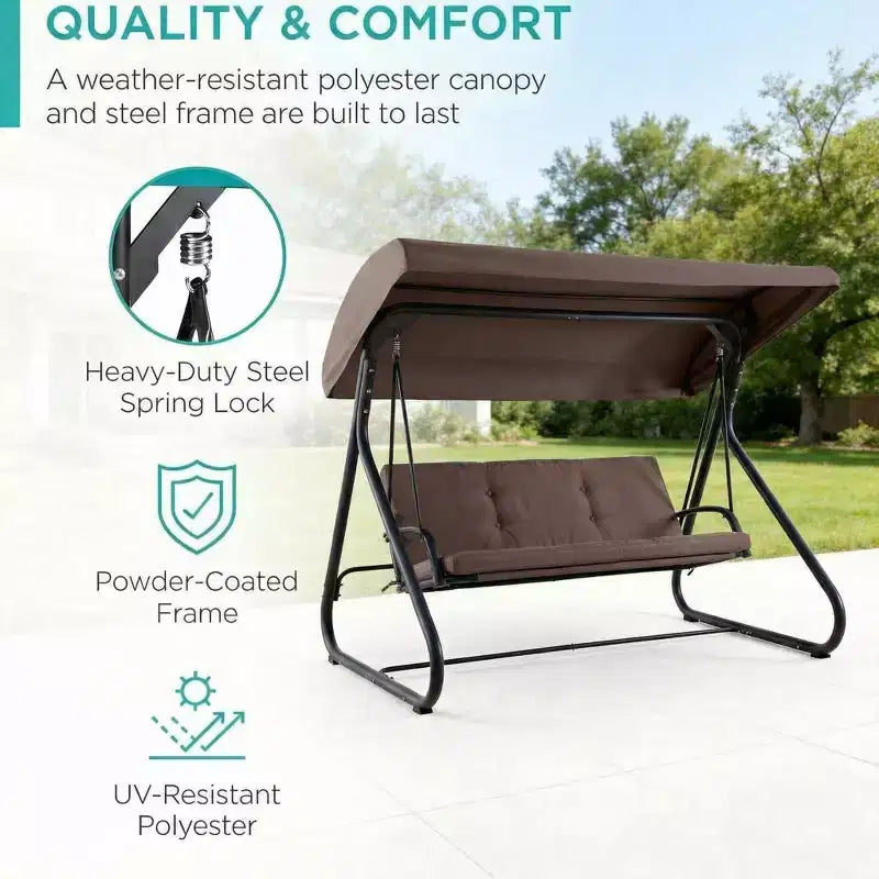 Balançoire-planeur de jardin convertible à 3 places, auvent réglable, coussins amovibles, capacité de charge de 340 kg, coussins amovibles, cadre métallique robuste