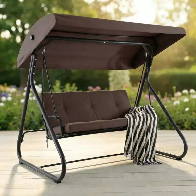 Balançoire-planeur de jardin convertible à 3 places, auvent réglable, coussins amovibles, capacité de charge de 340 kg, coussins amovibles, cadre métallique robuste