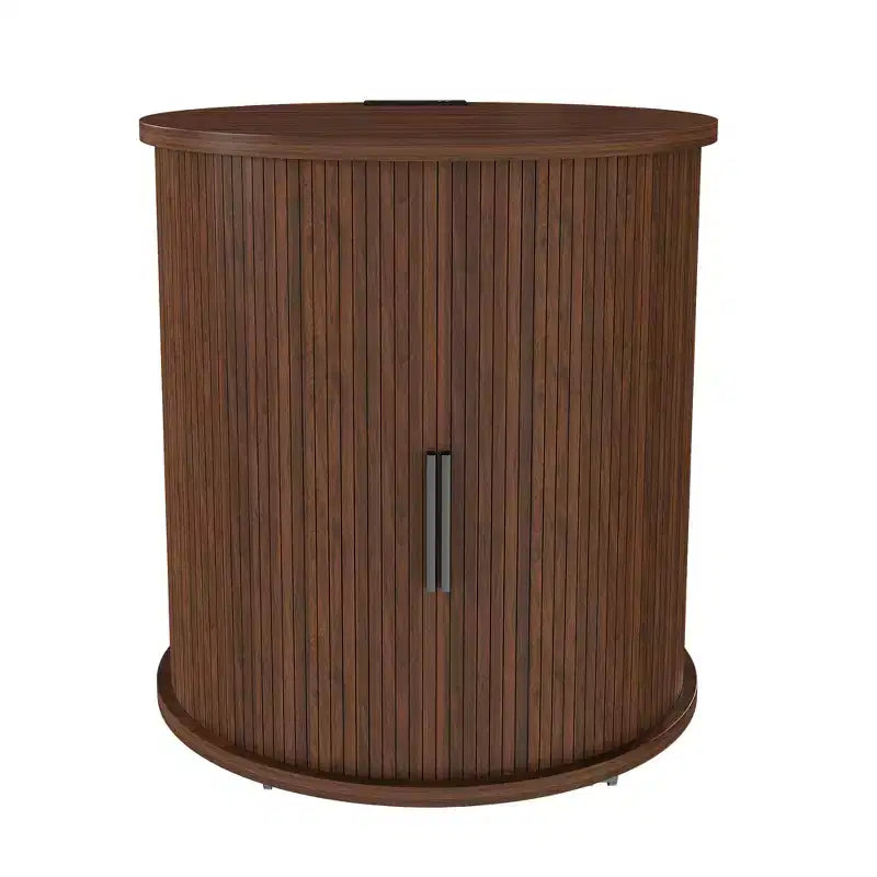 Table de chevet moderne du milieu du siècle avec station de charge, porte coulissante, finition noyer ronde/cylindrique (W2700P385517)