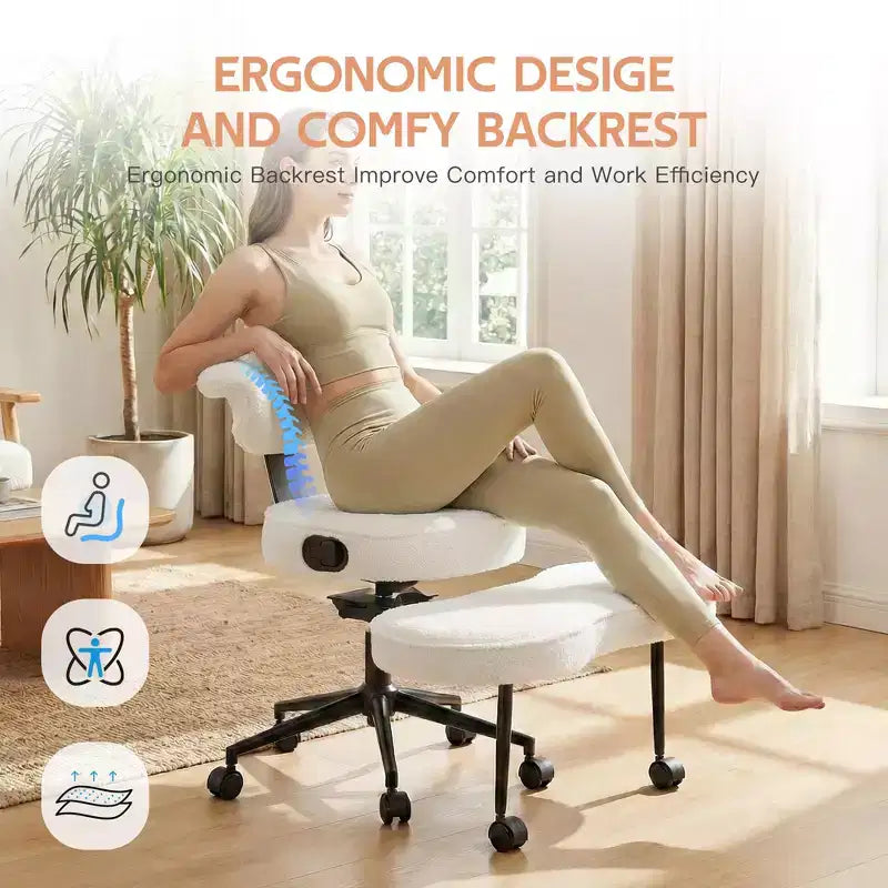 Chaise de bureau ergonomique à pattes croisées avec support lombaire, chaise de méditation pivotante à 360°