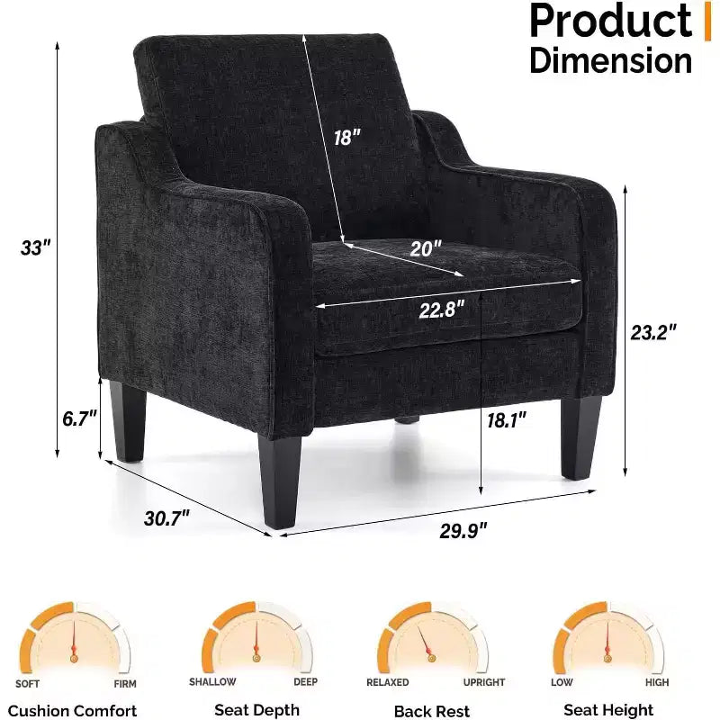 VINGLI Chaises de salon, fauteuil d'appoint noir, coussin d'assise de 14 cm d'épaisseur, chaise confortable en chenille douce, fauteuil tapissé.