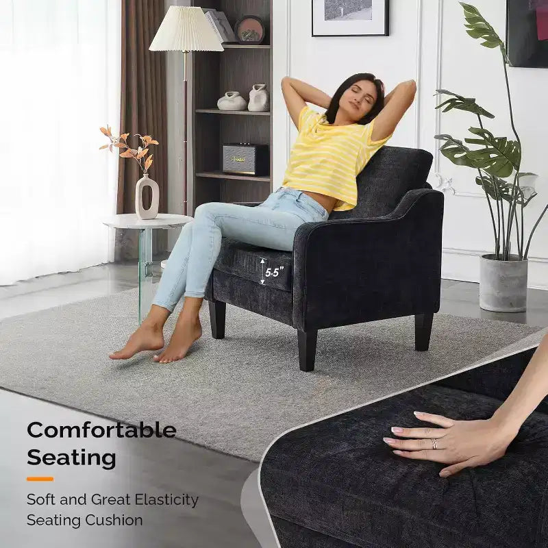 VINGLI Chaises de salon, fauteuil d'appoint noir, coussin d'assise de 14 cm d'épaisseur, chaise confortable en chenille douce, fauteuil tapissé.