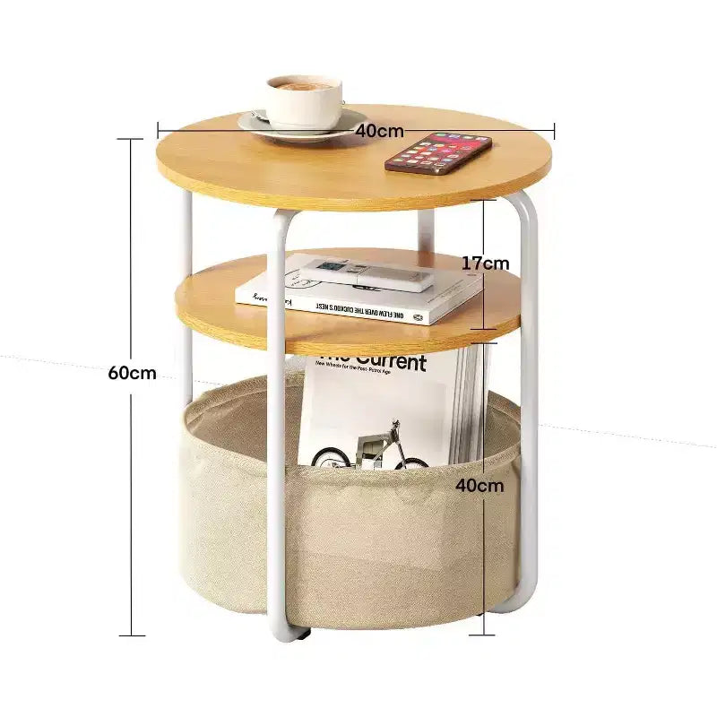 Table d'appoint ronde à 3 niveaux avec panier de rangement, table de chevet petite, de 60 cm de hauteur, pour salon, chambre à coucher