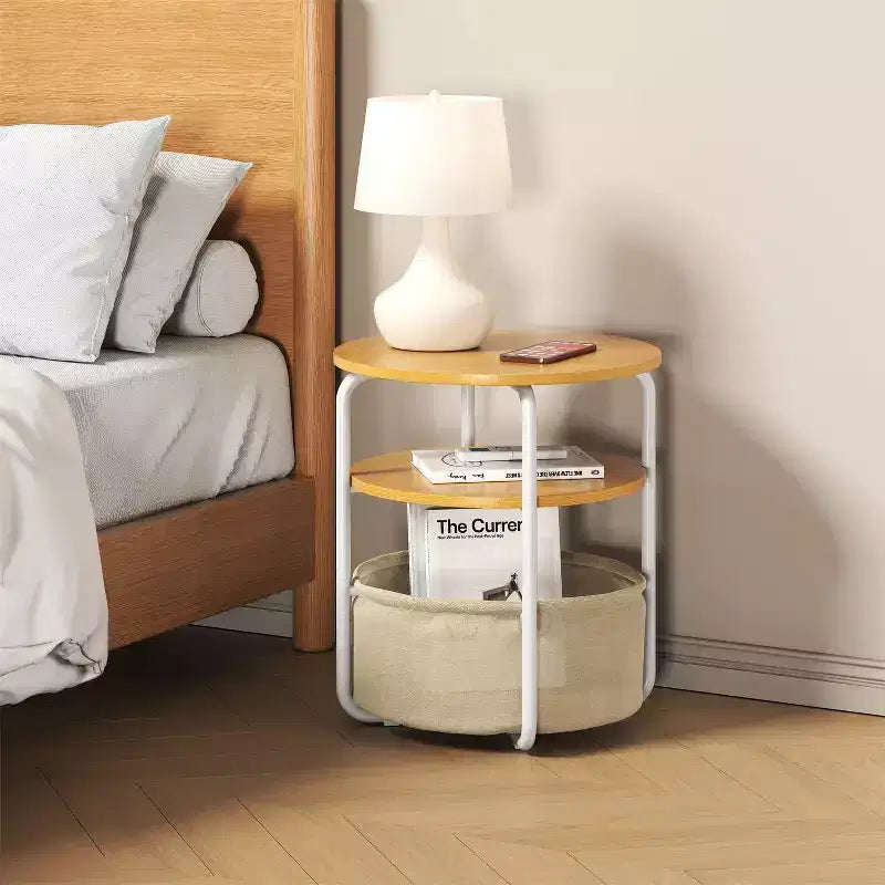 Table d'appoint ronde à 3 niveaux avec panier de rangement, table de chevet petite, de 60 cm de hauteur, pour salon, chambre à coucher