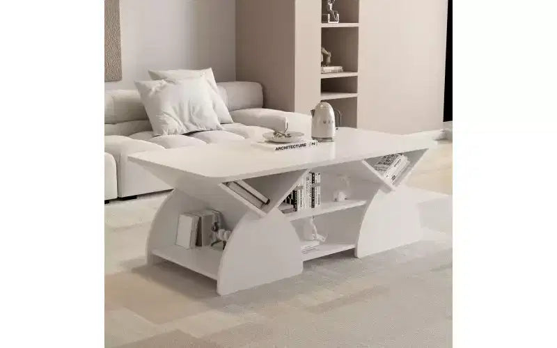 Rectangular Coffee Table with Open Shelves and Engineered Wood Frame, Easy Assembly Storage Table for Living Room or Home Office