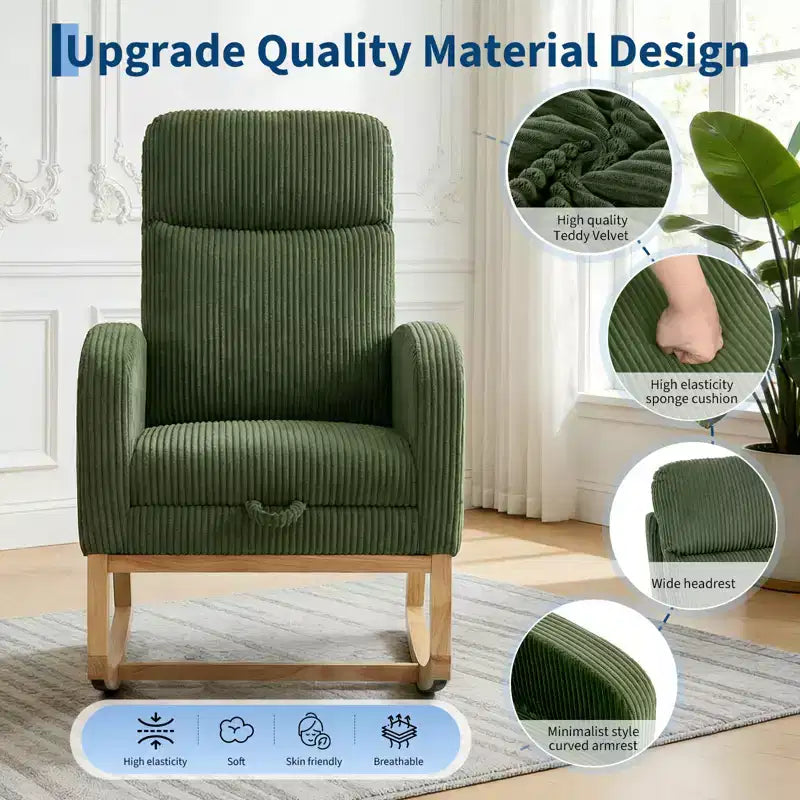 Fauteuil à bascule de puériculture avec repose-pieds réglable – Rocker planeur capitonné avec poche latérale pour salon, chambre, chambre de bébé