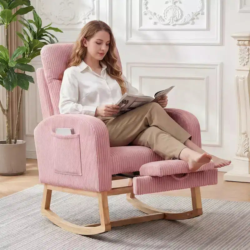 Fauteuil à bascule de puériculture avec repose-pieds réglable – Rocker planeur capitonné avec poche latérale pour salon, chambre, chambre de bébé