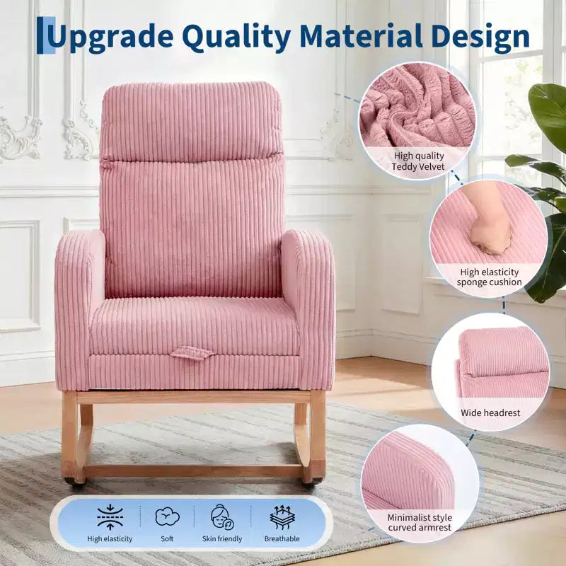 Fauteuil à bascule de puériculture avec repose-pieds réglable – Rocker planeur capitonné avec poche latérale pour salon, chambre, chambre de bébé
