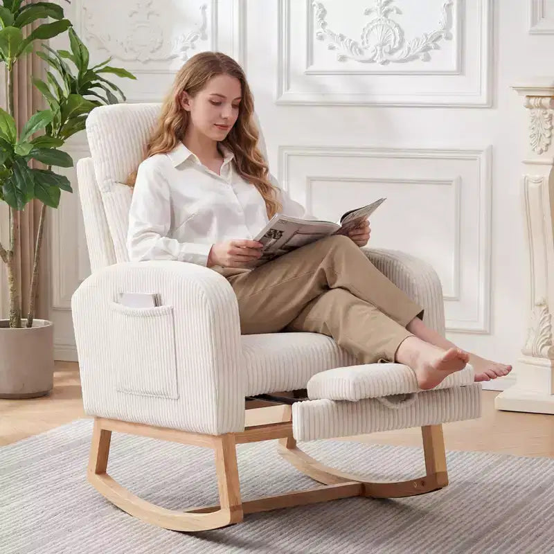 Fauteuil à bascule de puériculture avec repose-pieds réglable – Rocker planeur capitonné avec poche latérale pour salon, chambre, chambre de bébé