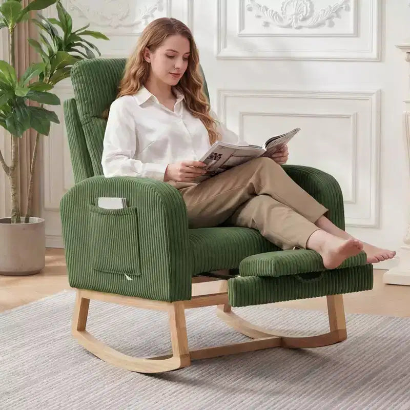 Fauteuil à bascule de puériculture avec repose-pieds réglable – Rocker planeur capitonné avec poche latérale pour salon, chambre, chambre de bébé
