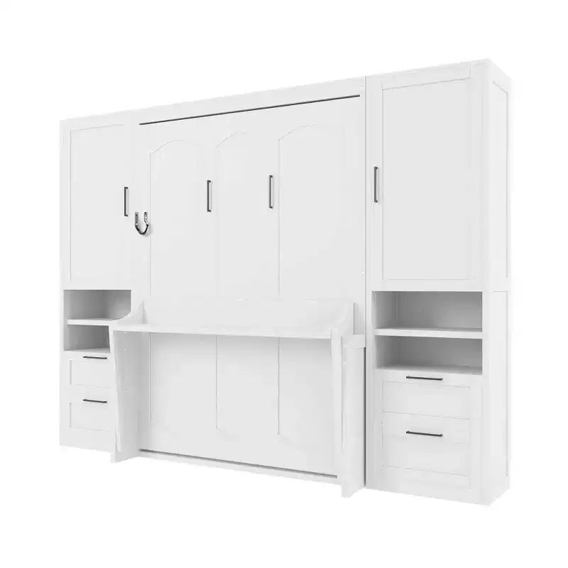 Lit escamotable Luxystar Full moderne avec 2 armoires, 4 tiroirs et étagères, blanc