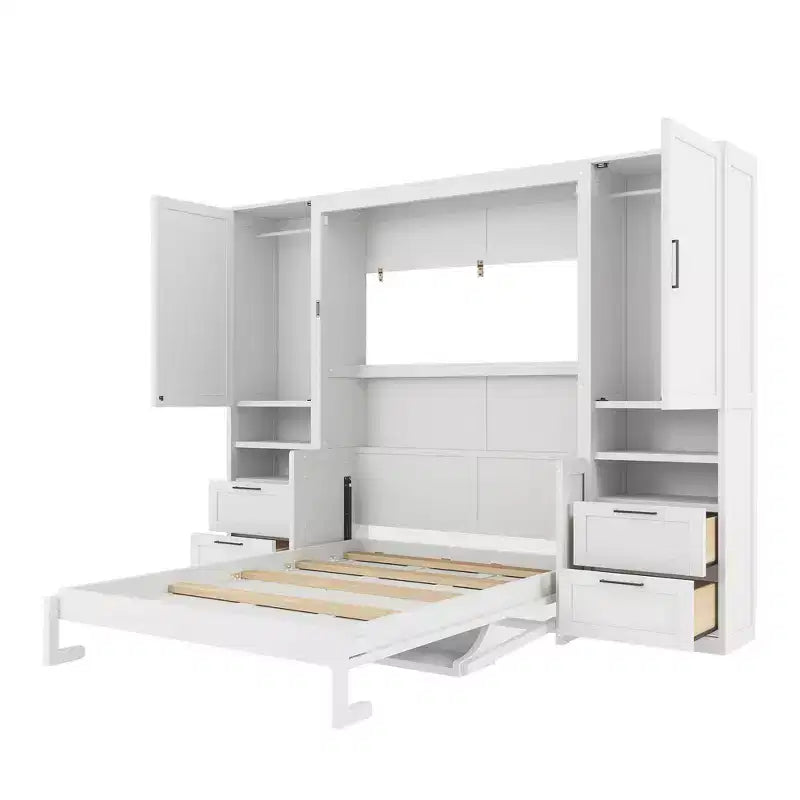 Lit escamotable Luxystar Full moderne avec 2 armoires, 4 tiroirs et étagères, blanc