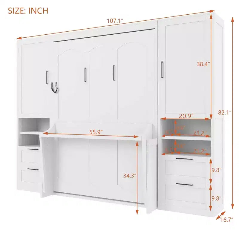 Lit escamotable Luxystar Full moderne avec 2 armoires, 4 tiroirs et étagères, blanc