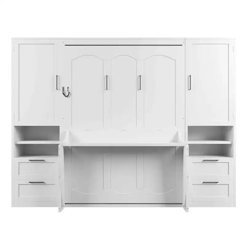 Lit escamotable Luxystar Full moderne avec 2 armoires, 4 tiroirs et étagères, blanc