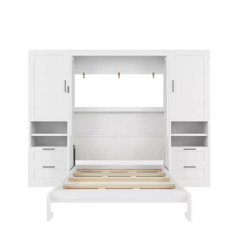 Lit escamotable Luxystar Full moderne avec 2 armoires, 4 tiroirs et étagères, blanc