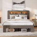 Lit plateforme double/grand lit/très grand lit avec tête de lit de rangement à LED, cadre de lit plateforme en bois avec 2 ports USB, grand espace de rangement sous le lit