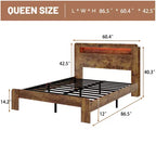 Lit plateforme double/grand lit/très grand lit avec tête de lit de rangement à LED, cadre de lit plateforme en bois avec 2 ports USB, grand espace de rangement sous le lit