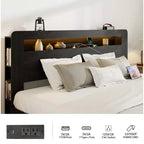 Lit plateforme double/grand lit/très grand lit avec tête de lit de rangement à LED, cadre de lit plateforme en bois avec 2 ports USB, grand espace de rangement sous le lit