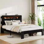 Full/Queen/King Size Platform Bed with LED Storage Headboard, Wood Platform Bed Frame with 2 USB, Large Under Bed Storage