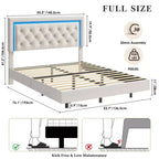 Lit King Size flottant avec lumières LED. Lit plateforme rembourré avec tête de lit capitonnée. Lattes en bois. Sommier tapissier non requis. Sans bruit.