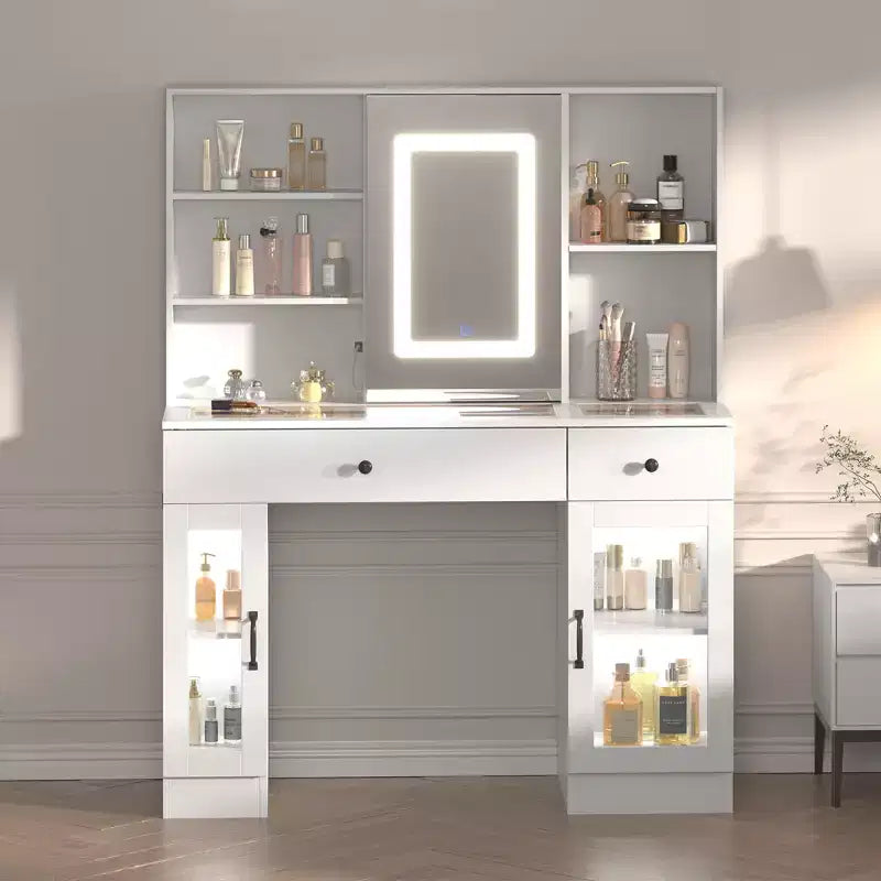 Sliding Mirror Vanity Desk, 7 Drawers, 6 Storage Shelves, Modern Makeup Vanity Table, Easy Assembly, for Home, Living Room