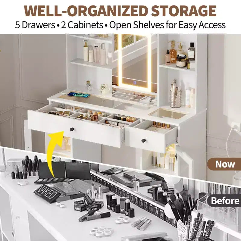 Coiffeuse avec miroir coulissant, 7 tiroirs, 6 étagères de rangement, meuble de maquillage moderne, montage facile, pour la maison, le salon
