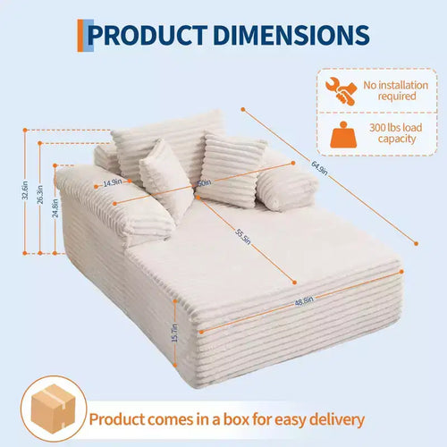48,8" Canapé-lit chaise longue surdimensionné - Canapé sans structure en velours côtelé avec oreillers et accoudoirs larges pour salon ou chambre à coucher