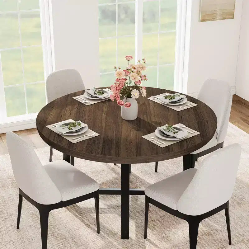 Table à manger ronde industrielle de 47 pouces pour 4-6 personnes, table de cuisine peu encombrante en bois avec cadre en métal, table à manger moderne rustique, sans chaises