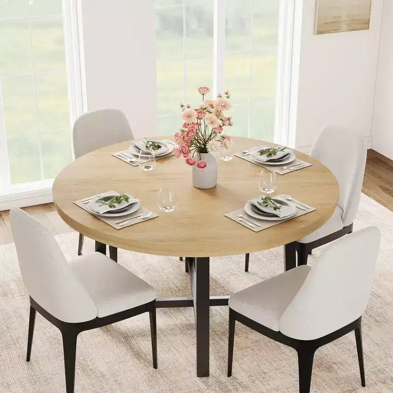Table à manger ronde industrielle de 47 pouces pour 4-6 personnes, table de cuisine peu encombrante en bois avec cadre en métal, table à manger moderne rustique, sans chaises