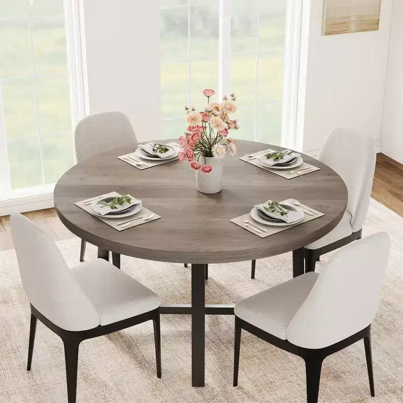 Table à manger ronde industrielle de 47 pouces pour 4-6 personnes, table de cuisine peu encombrante en bois avec cadre en métal, table à manger moderne rustique, sans chaises