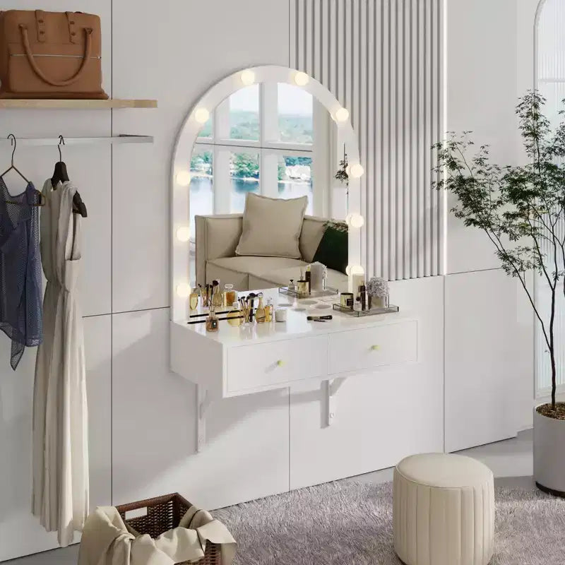 Coiffeuse flottante GDFStudio Silas avec miroir, éclairage 3 couleurs et prise de courant