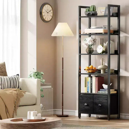 6 Tier Industrial Tall Bookcase with Two Storage Drawers Wood Metal Freestanding Bookshelf Display Organizer Shelf for Home Office Bedroom Black Oak