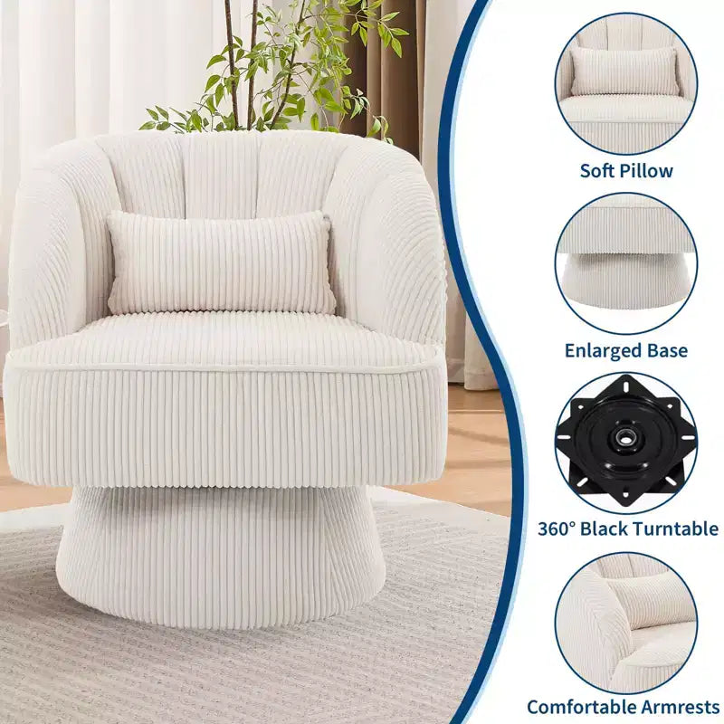 Fauteuil d'appoint pivotant ultra moelleux, fauteuil de salon 360 baril avec rembourrage nuage, dossier rayé, velours côtelé, beige