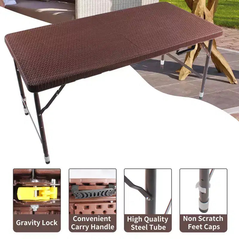Table de jeu pliante en rotin d'extérieur Whisen 4ft, Table de cartes portable en plastique étanche pour terrasse, Table de banquet pliante haute capacité de charge