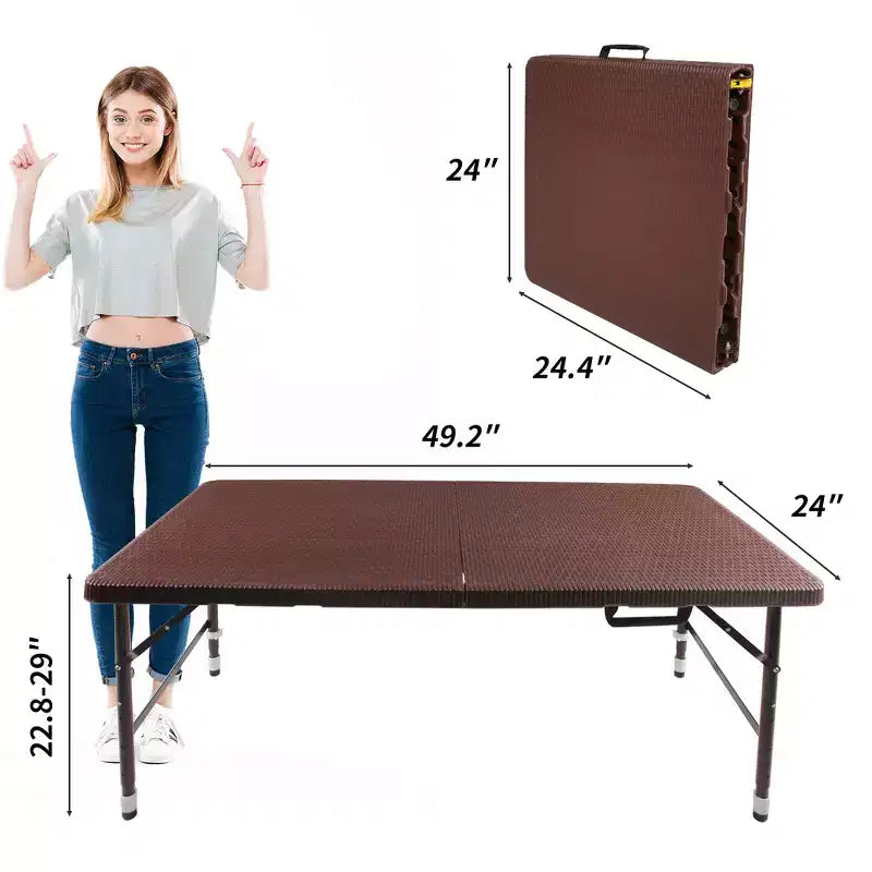 Table de jeu pliante en rotin d'extérieur Whisen 4ft, Table de cartes portable en plastique étanche pour terrasse, Table de banquet pliante haute capacité de charge