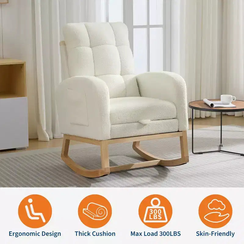 Fauteuil à bascule moderne pour chambre d'enfant, fauteuil à bascule en lin avec port USB et pochette latérale, fauteuil à bascule planeur pour salon, chambre à coucher, salle d'allaitement