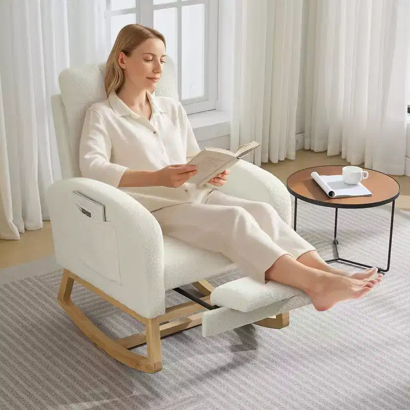 Fauteuil à bascule moderne pour chambre d'enfant, fauteuil à bascule en lin avec port USB et pochette latérale, fauteuil à bascule planeur pour salon, chambre à coucher, salle d'allaitement