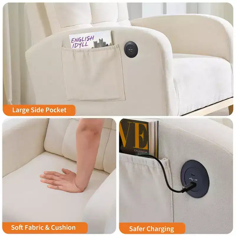 Fauteuil à bascule moderne pour chambre d'enfant, fauteuil à bascule en lin avec port USB et pochette latérale, fauteuil à bascule planeur pour salon, chambre à coucher, salle d'allaitement