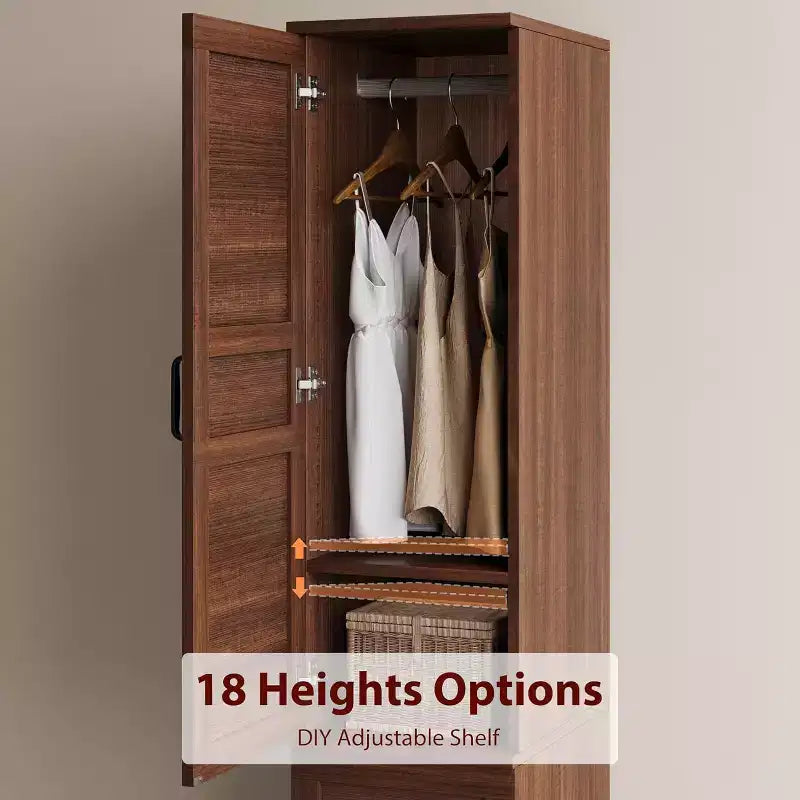 Armoire à deux portes avec tringle, armoire étroite et haute de 72 pouces avec 18 étagères réglables.