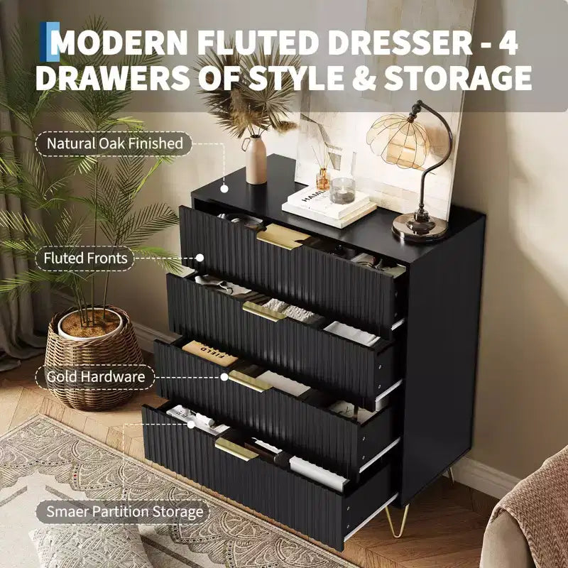 Armoire de chambre à quatre tiroirs - armoire à motifs ondulés, armoire de rangement moderne sur pied, table de chevet fine