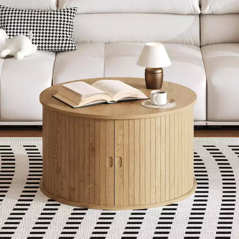 Table basse, tables basses rondes avec rangement, table centrale cannelée, table moderne du milieu du siècle de 28 pouces avec porte coulissante pour salon