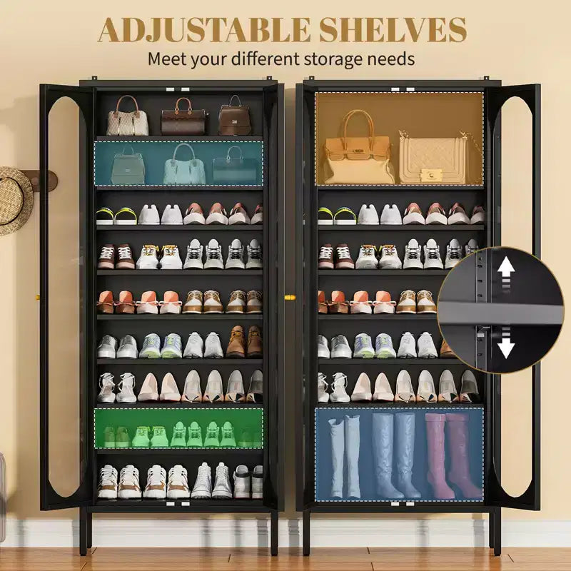Bekrvio Armoire à chaussures haute en métal à 9 niveaux avec portes en verre, étagère à chaussures autoportante robuste avec étagères réglables, 2736 paires